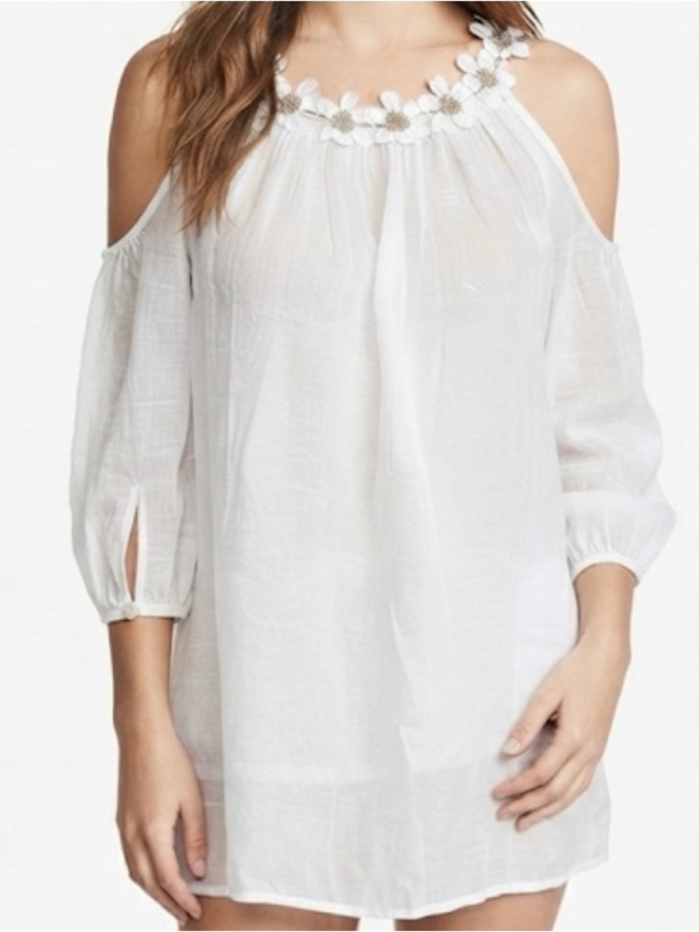 White Cold-Shoulder Peasant Tunic Blouse with Floral Embroidered Neckline XL